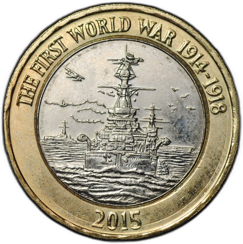 Монета 2 фунта 2015 Первая мировая война Королевский флот, Старый портрет Великобритания