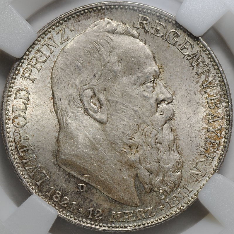 Монета 2 марки 1911 D 90 лет со дня рождения Луитпольда Баварского Бавария Германия слаб ННР MS 65