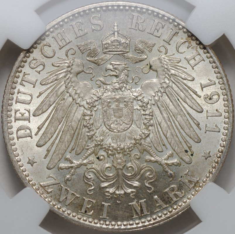 Монета 2 марки 1911 D 90 лет со дня рождения Луитпольда Баварского Бавария Германия слаб ННР MS 65