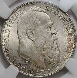 фото для Монета 2 марки 1911 D 90 лет со дня рождения Луитпольда Баварского Бавария Германия слаб ННР MS 65 Аверс