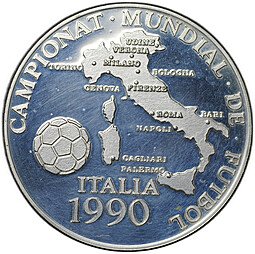 фото для Монета 10 динеров 1989 Чемпионат мира по футболу 1990 Карта Италии Андорра Аверс