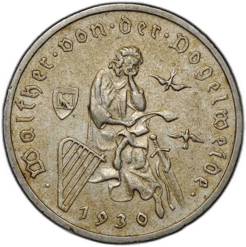 Монета 3 рейхсмарки (марки) 1930 700 лет со дня смерти Вальтера фон дер Фогельвейде Германия