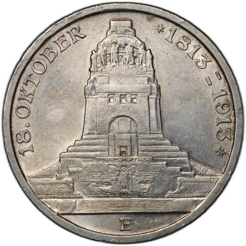 Монета 3 марки 1913 Е 100 лет победы над Наполеоном Битва Народов Саксония Германия