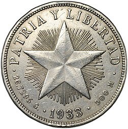 фото для Монета 1 песо 1933 Куба Аверс