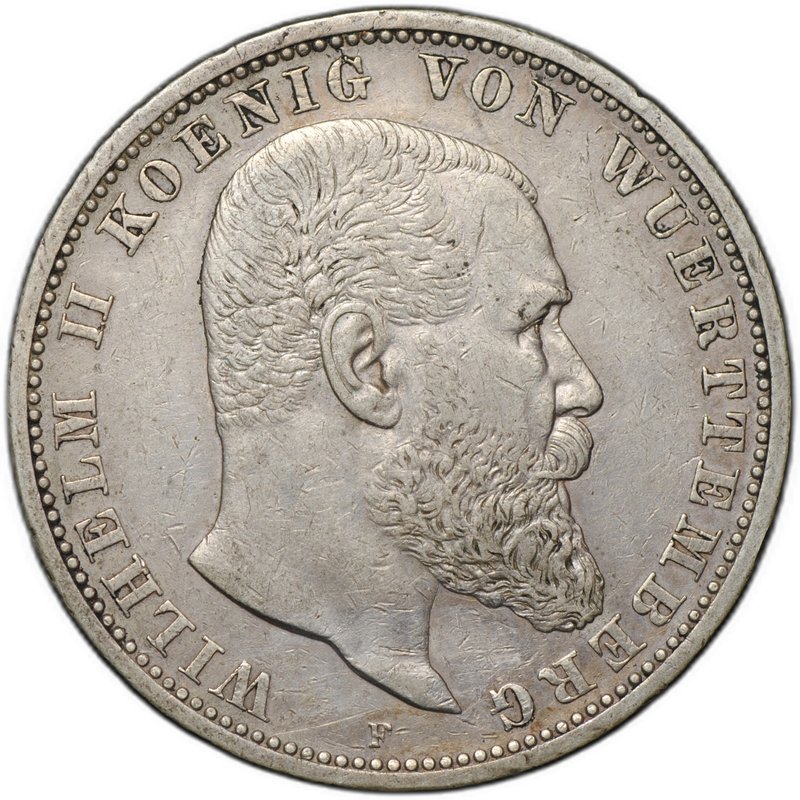 Монета 5 марок 1907 F Вюртемберг Германия