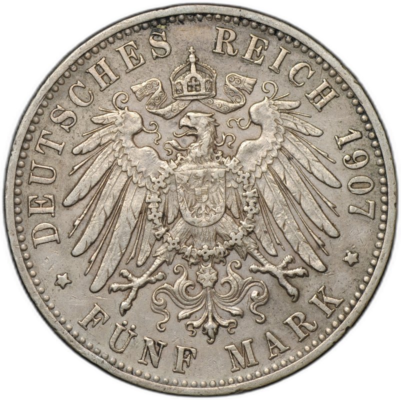 Монета 5 марок 1907 F Вюртемберг Германия