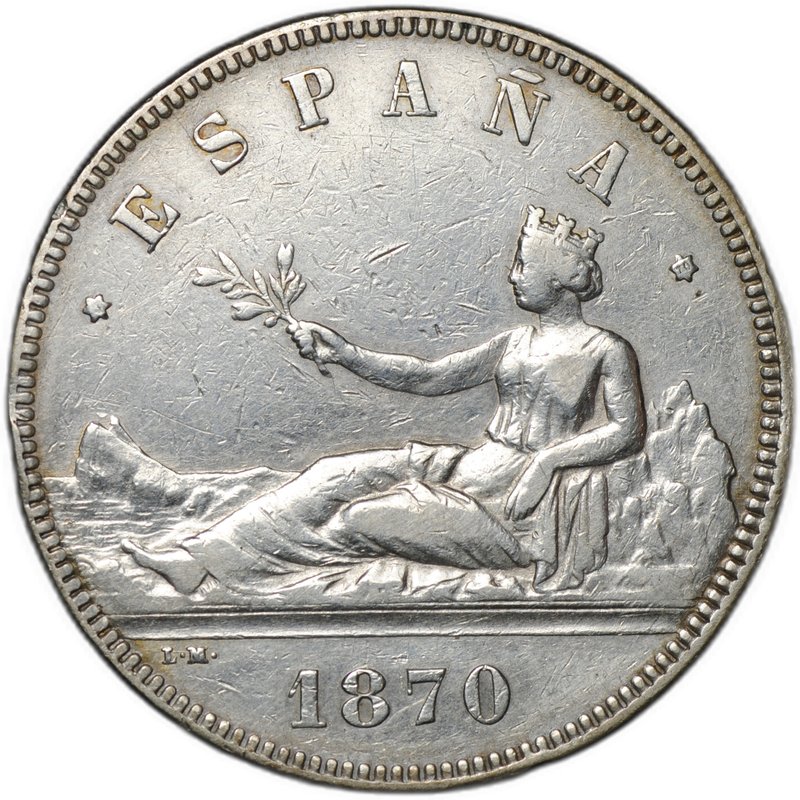 Монета 5 песет 1870 Испания