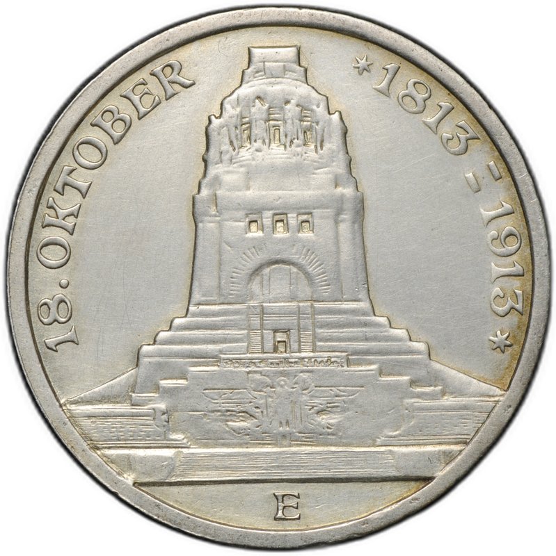 Монета 3 марки 1913 Е 100 лет победы над Наполеоном Битва Народов Саксония Германия