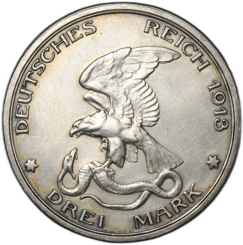 Монета 3 марки 1913 100 лет победы над Наполеоном Франция (толпа) Пруссия Германия 