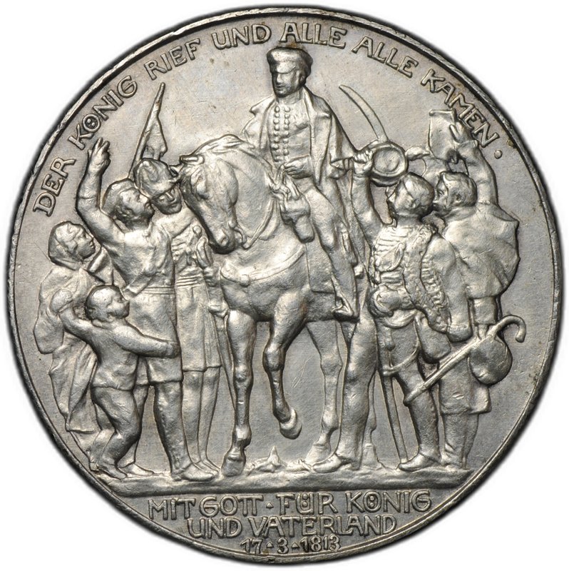 Монета 3 марки 1913 100 лет победы над Наполеоном Франция (толпа) Пруссия Германия 
