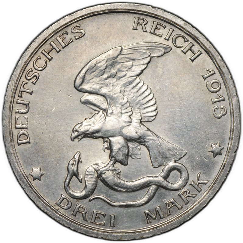 Монета 3 марки 1913 100 лет победы над Наполеоном Франция (толпа) Пруссия Германия 