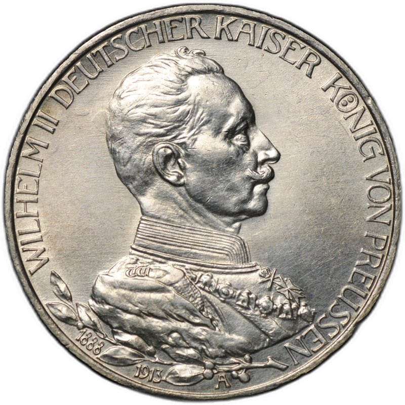 Монета 3 марки 1913 A 25 лет правления Вильгельма II Пруссия Германия