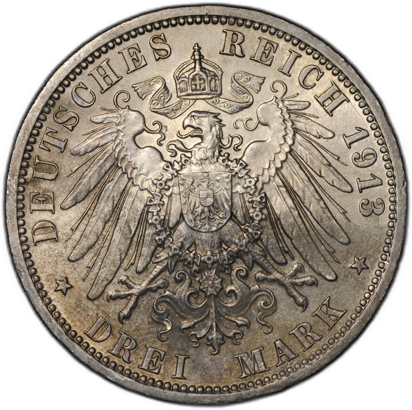 Монета 3 марки 1913 A 25 лет правления Вильгельма II Пруссия Германия