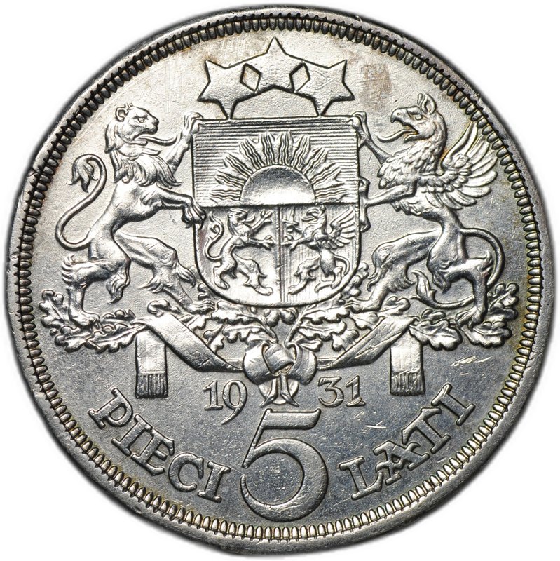 Монета 5 лат 1931 Латвия
