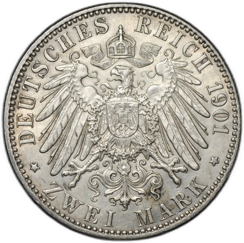 Монета 2 марки 1901 200 лет династии Пруссия Германия