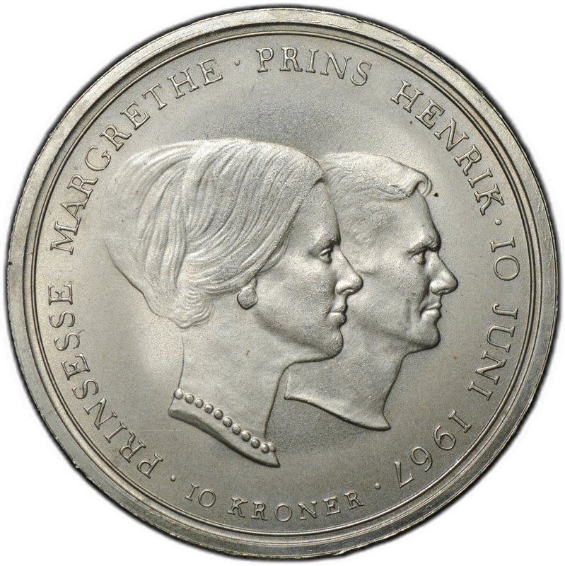 Монета 10 крон 1967 Свадьба принцессы Маргрете Дания