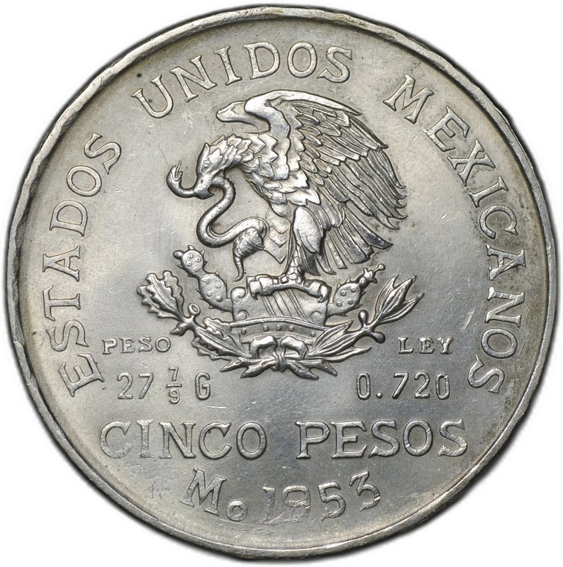 Монета 5 песо 1953 200 лет со дня рождения Мигеля Идальго-и-Костилья Мексика