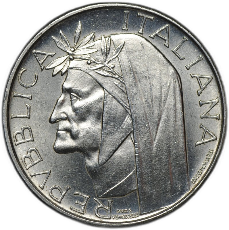 Монета 500 лир 1965 R 700 лет со дня рождения Данте Алигьери Италия