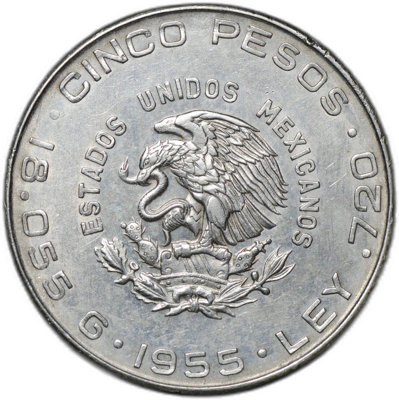 Монета 5 песо 1955 Серебро Мексика