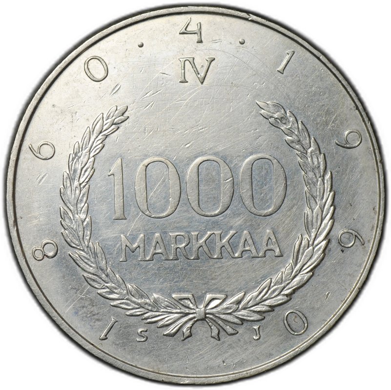 Монета 1000 марок 1960 100 лет валютной системе Снелльмана Финляндия
