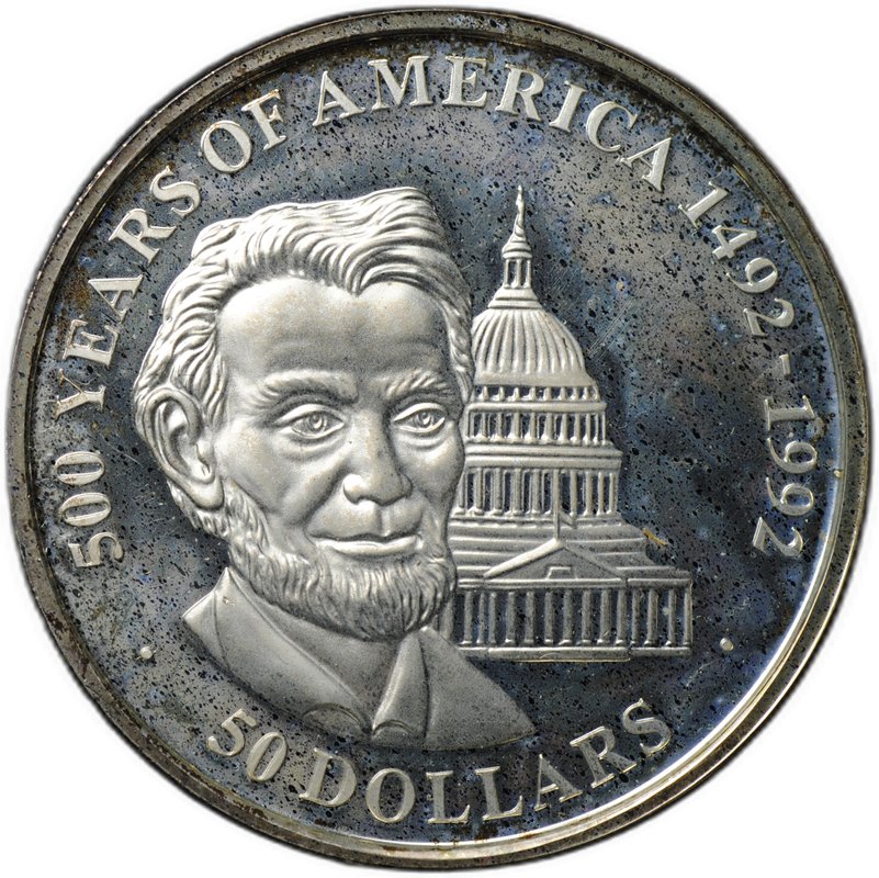 Монета 50 долларов 1991 500 лет открытию Америки - Авраам Линкольн Острова Кука