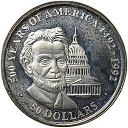 фото для Монета 50 долларов 1991 500 лет открытию Америки - Авраам Линкольн Острова Кука Аверс