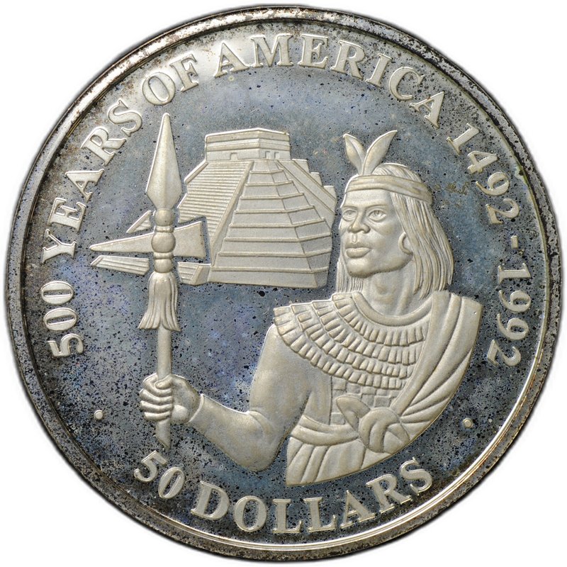 Монета 50 долларов 1990 500 лет открытию Америки - Принц Инков Острова Кука