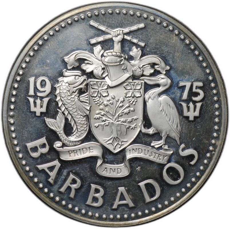 Монета 10 долларов 1975 Нептун Барбадос