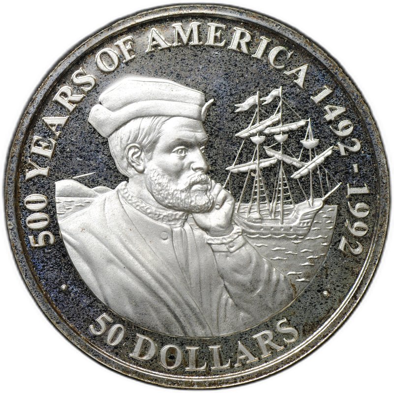 Монета 50 долларов 1990 500 лет открытию Америки - Жак Картье Острова Кука