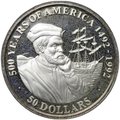 Монета 50 долларов 1990 500 лет открытию Америки - Жак Картье Острова Кука