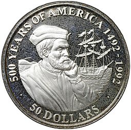 фото для Монета 50 долларов 1990 500 лет открытию Америки - Жак Картье Острова Кука Аверс