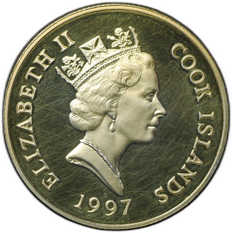 Монета 2 доллара 1997 Королева-мать с детьми 1936 Острова Кука