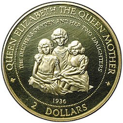 фото для Монета 2 доллара 1997 Королева-мать с детьми 1936 Острова Кука Аверс