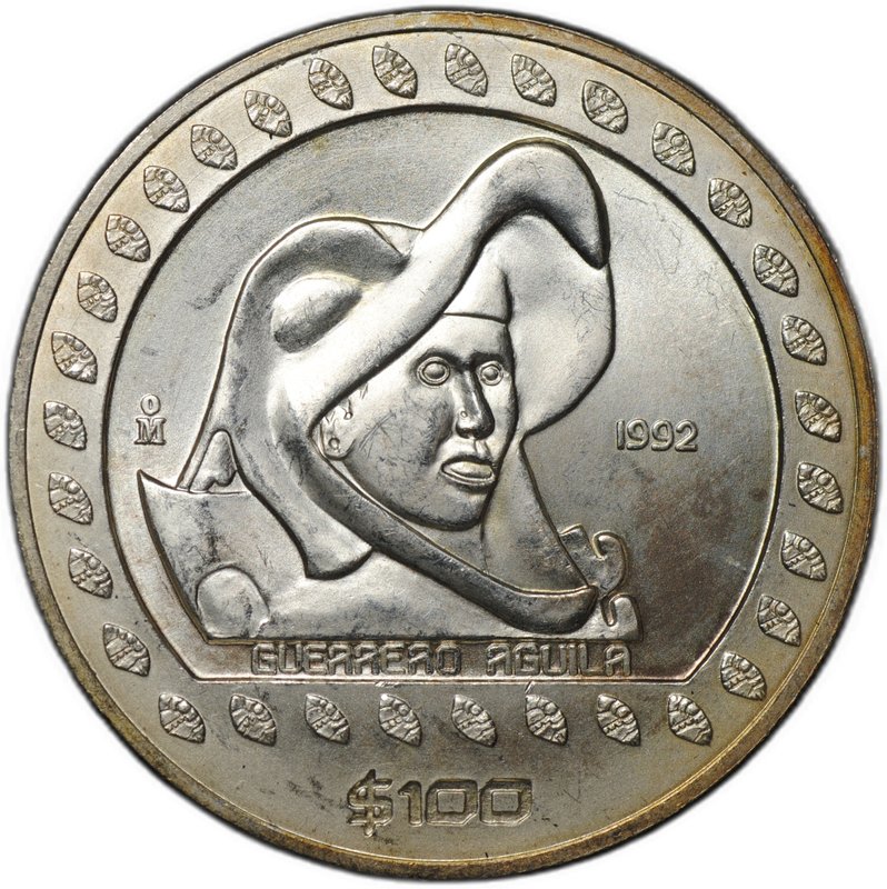 Монета 100 песо 1992 Воины-орлы Мексика