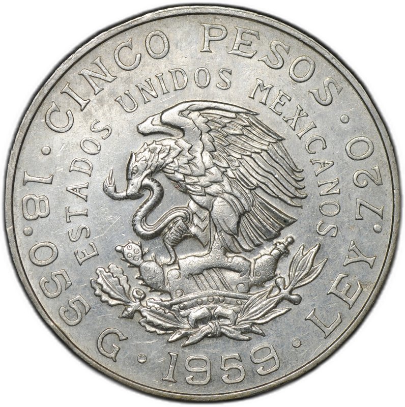 Монета 5 песо 1959 100 лет со дня рождения Венустиано Карранса Мексика