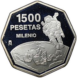 фото для Монета 1500 песет 1999 Миллениум Астронавт Испания Аверс
