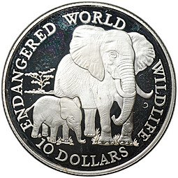 фото для Монета 10 долларов 1990 Слоны Вымирающие виды Острова Кука Аверс