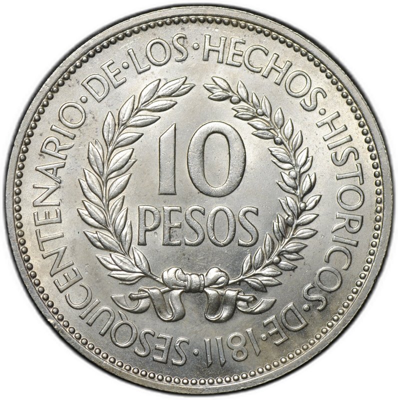 Монета 10 песо 1961 150 лет Революции против Испании Уругвай