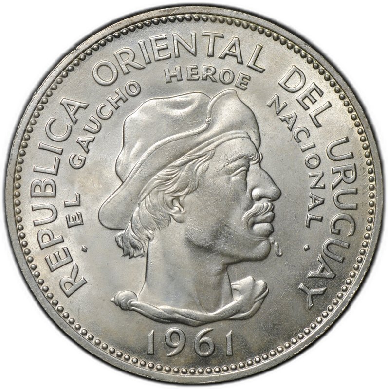 Монета 10 песо 1961 150 лет Революции против Испании Уругвай