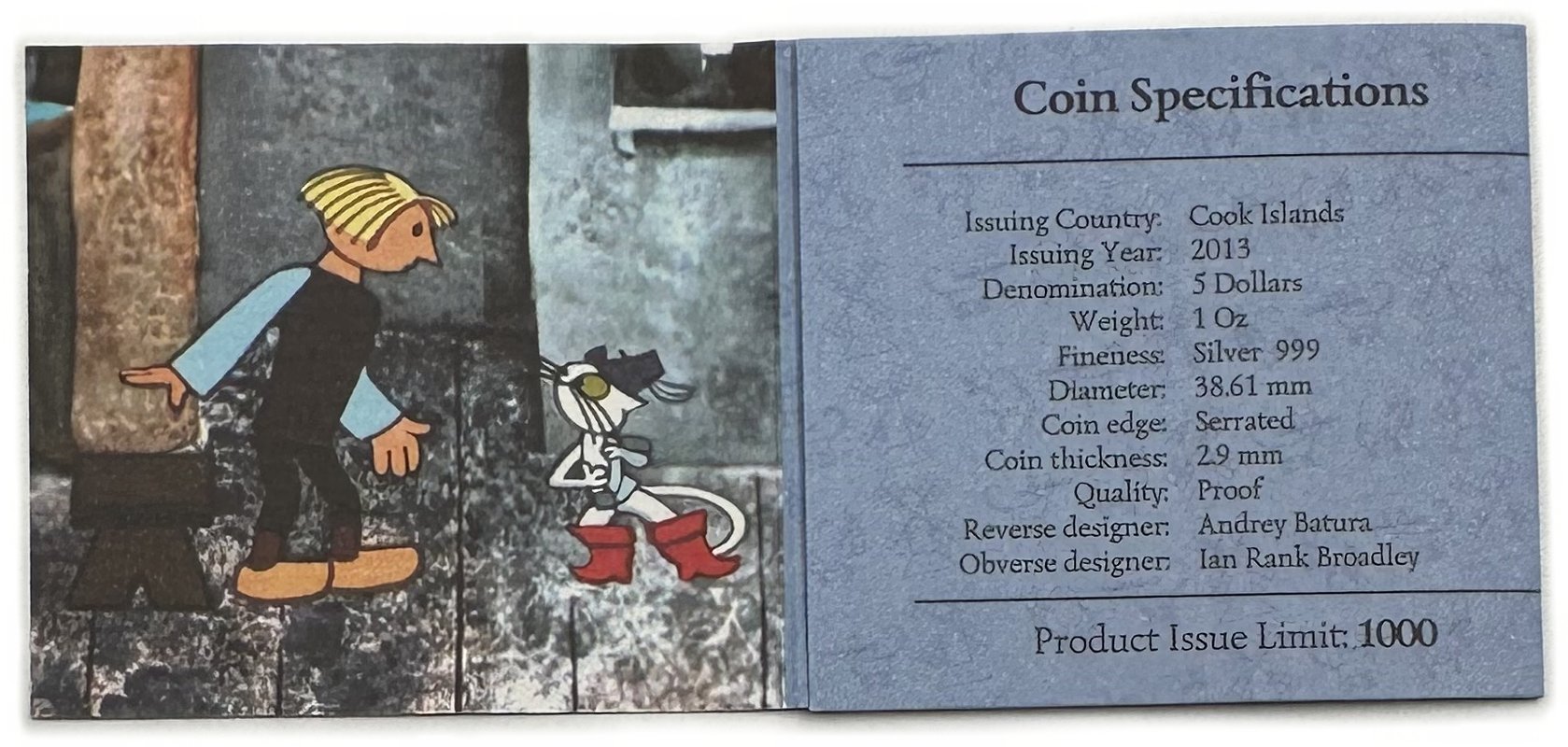 Монета 5 долларов 2013 Кот в сапогах Союзмультфильм Острова Кука