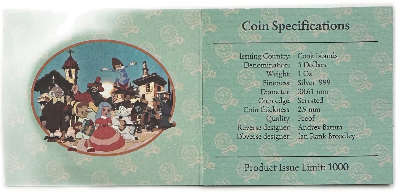 Монета 5 долларов 2012 Приключения Буратино - Мальвина и Пьеро Союзмультфильм Острова Кука