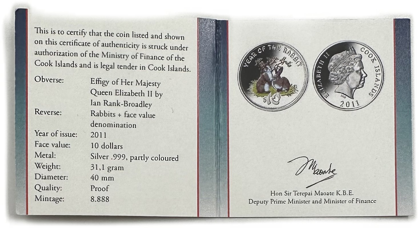 Монета 10 долларов 2011 Год Кролика Острова Кука