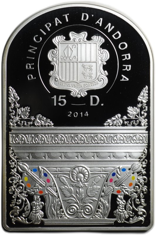 Монета 15 динеров 2014 Мадонна Возрождения с младенцем Лоренцо Лотто Андорра