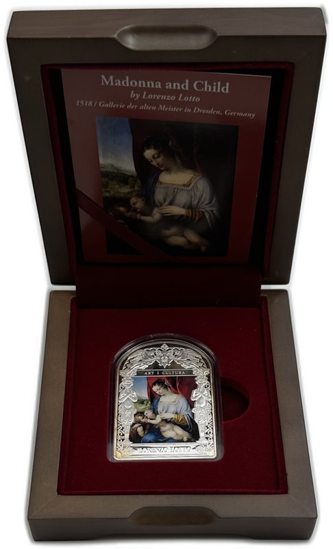 Монета 15 динеров 2014 Мадонна Возрождения с младенцем Лоренцо Лотто Андорра