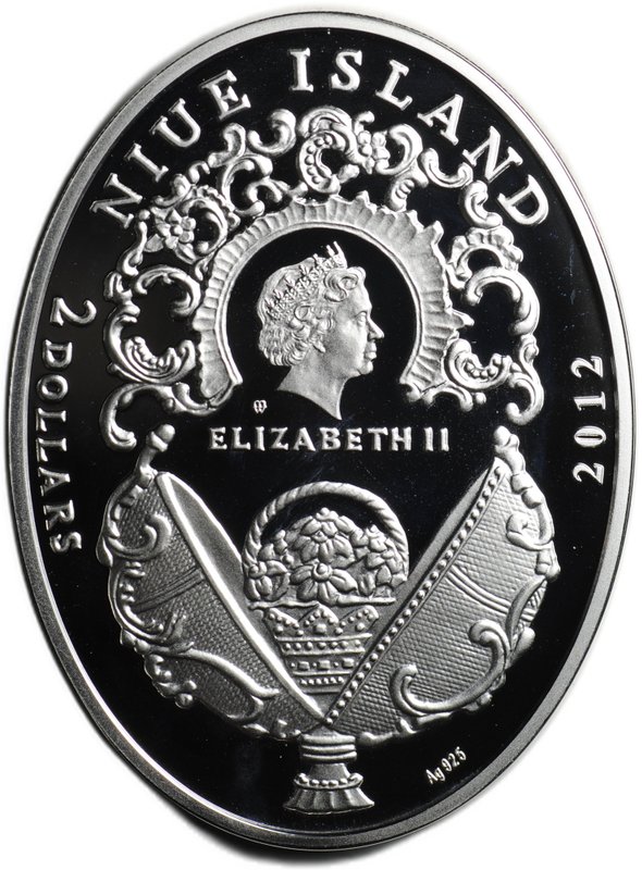 Монета 2 доллара 2012 Яйца Фаберже Лавровое дерево Ниуэ