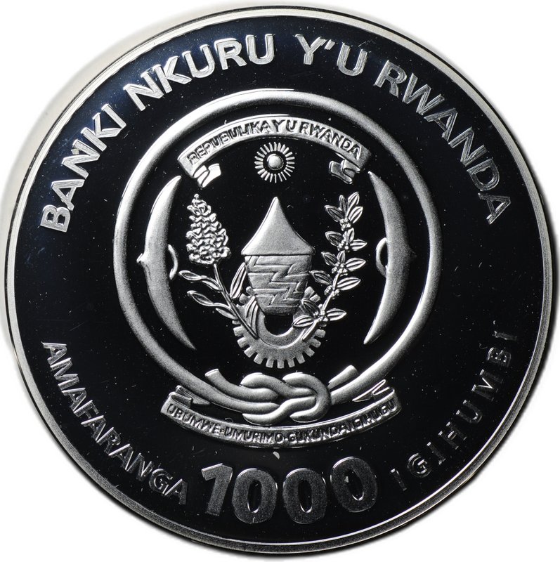 Монета 1000 франков 2009 Китоглав Королевская цапля Руанда