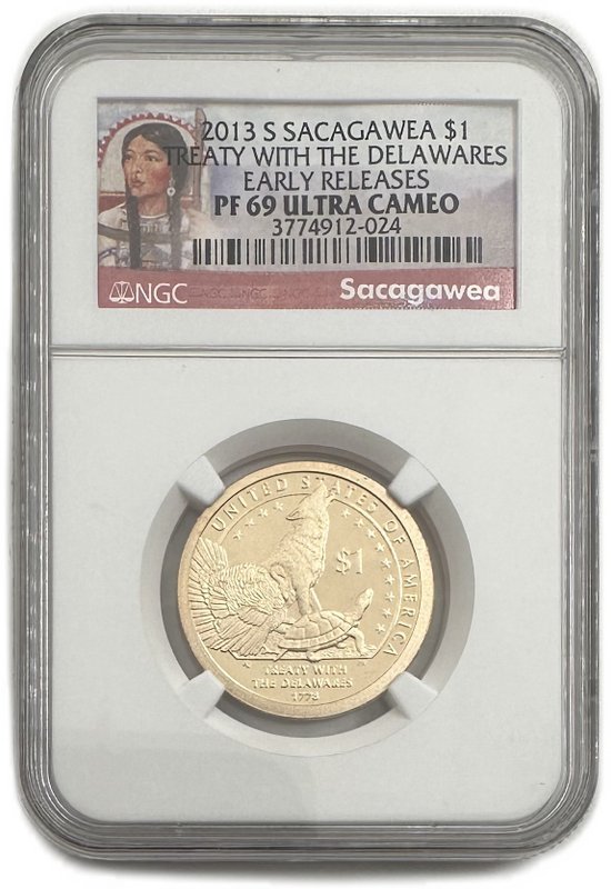 Монета 1 доллар 2013 S Договор с Делаварами Сакагавея Коренные Американцы США слаб NGC PF 69