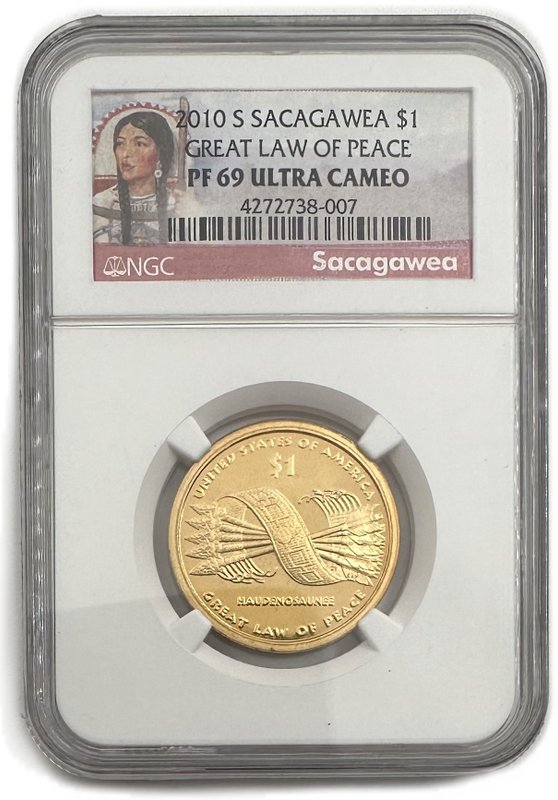 Монета 1 доллар 2010 S Великий Закон Мира Ирокезы Сакагавея Коренные Американцы США слаб NGC PF 69