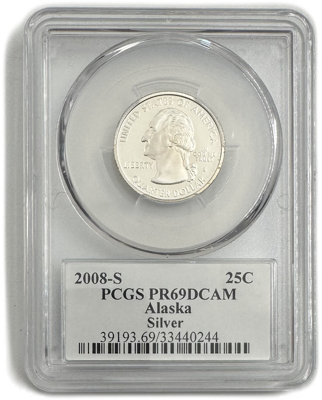 Монета 25 центов (1/4 доллара, квотер) 2008 S Аляска Штаты серебро США слаб PCGS PR 69