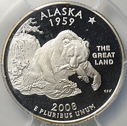 фото для Монета 25 центов (1/4 доллара, квотер) 2008 S Аляска Штаты серебро США слаб PCGS PR 69 Аверс